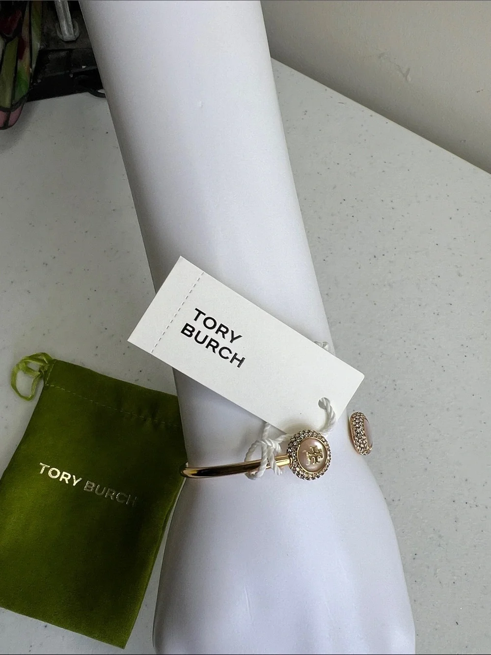 Tory Burch Gold-Tone Open Bracelet with Mother-of-Pearl and Crystal Halo
